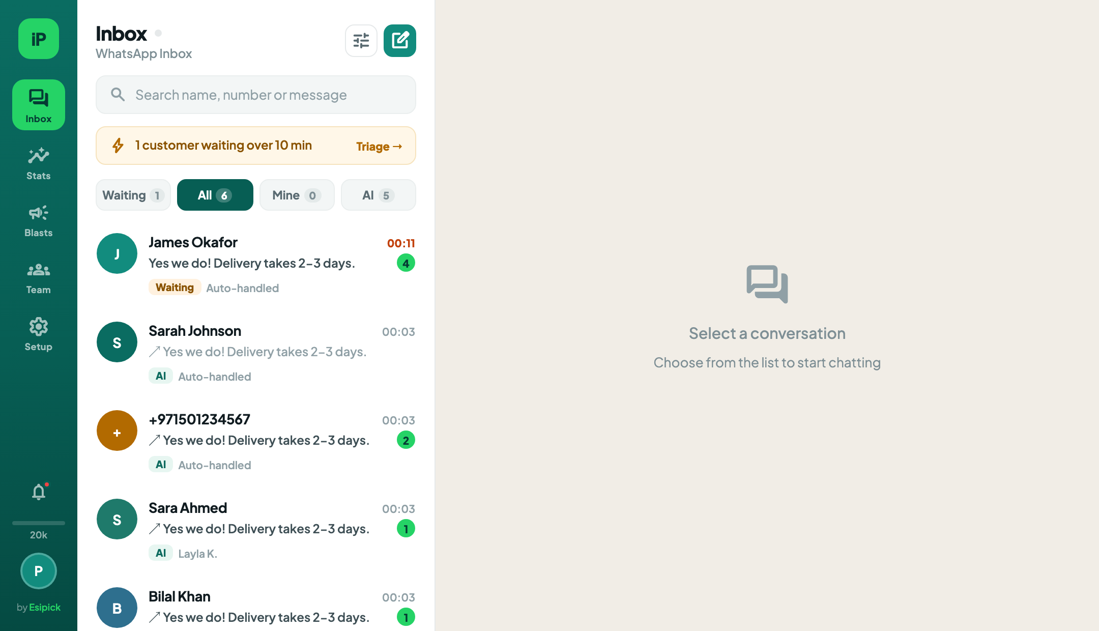 Replify inbox showing the waiting-customer banner